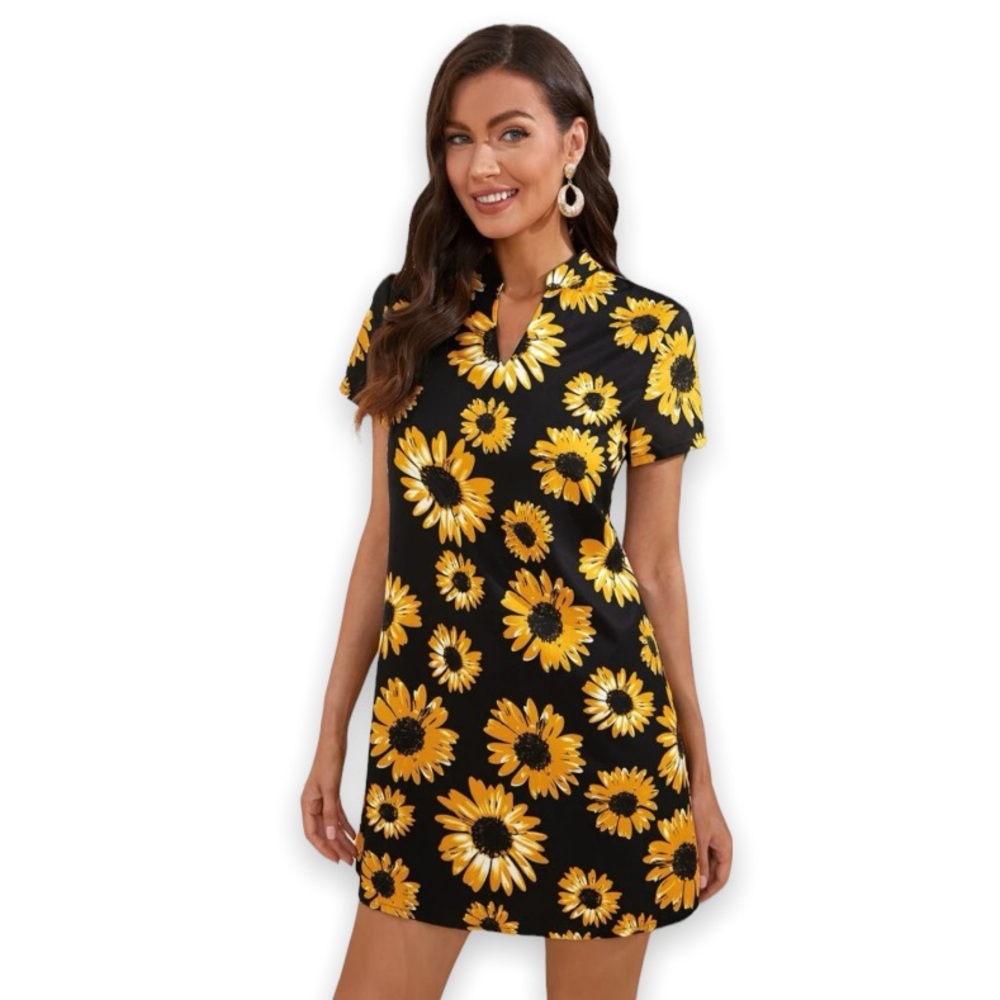 New Sunflower Print Boho Black & Yellow Handmade Lightweight Summer Tunic Dress